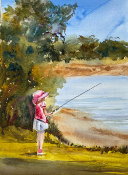 Alix Sullivan "Learning to Fish" WaterColor, $150