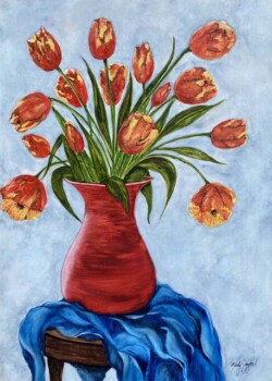 Kathleen Smalley "Tulips in Red Vase" Watercolor $900