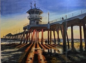 Hedi Roethel Watercolor "Sunset Glow at HB Pier"